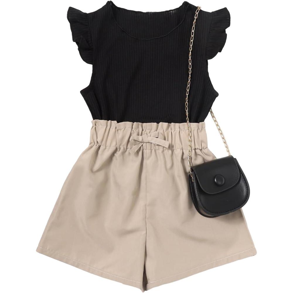 imageFloerns Girls 2 Piece Outfit Ruffle Trim Tee Top with Paperbag Waist Shorts SetBlack and Beige