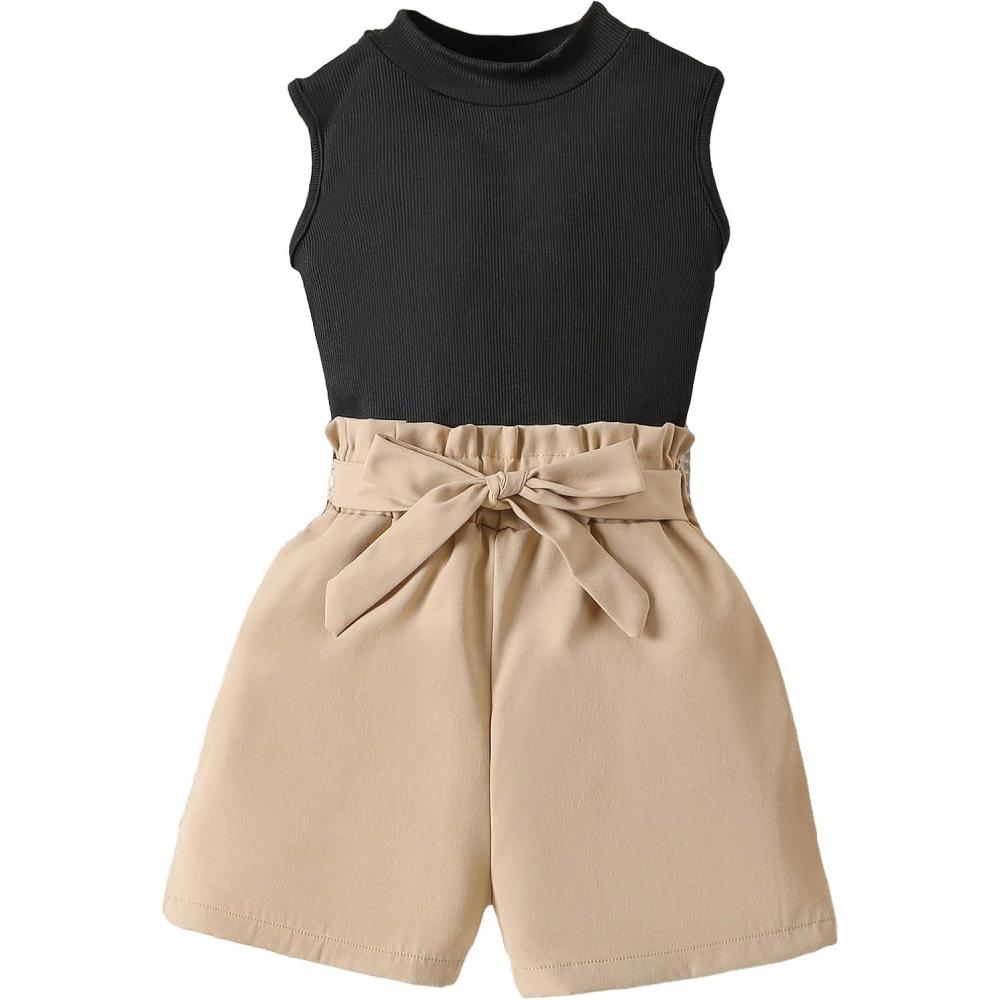 imageFloerns Girls 2 Piece Outfit Ruffle Trim Tee Top with Paperbag Waist Shorts SetBlack and Khaki