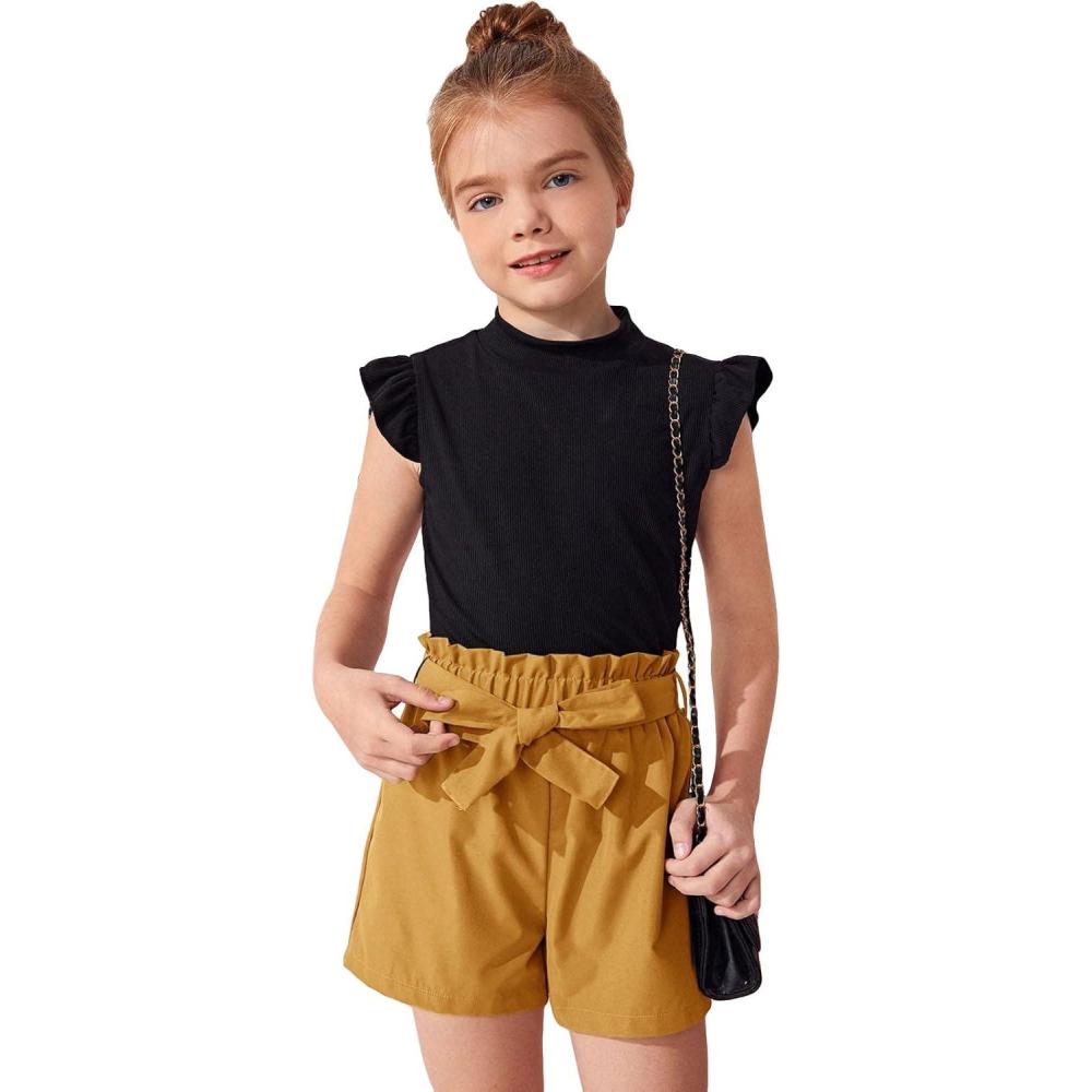 imageFloerns Girls 2 Piece Outfit Ruffle Trim Tee Top with Paperbag Waist Shorts SetBlack and Yellow