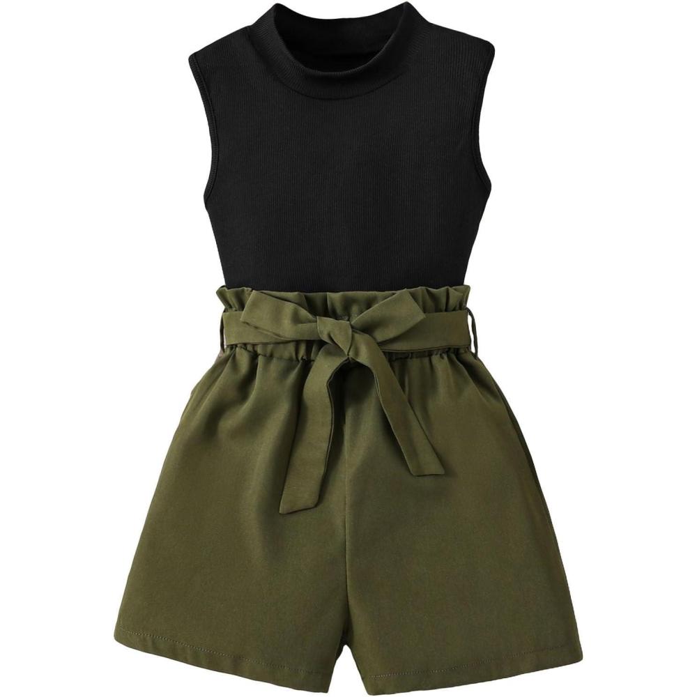 imageFloerns Girls 2 Piece Outfit Ruffle Trim Tee Top with Paperbag Waist Shorts SetGreen and Black