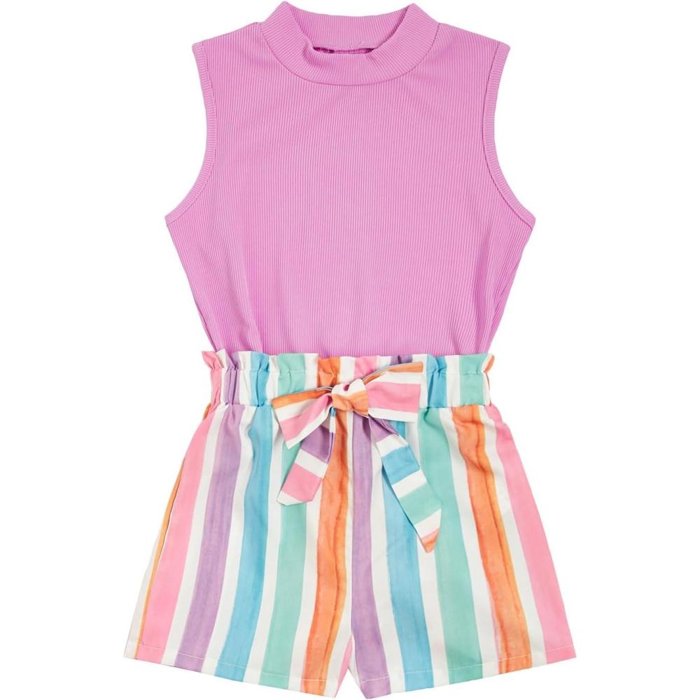 imageFloerns Girls 2 Piece Outfit Ruffle Trim Tee Top with Paperbag Waist Shorts SetPink Multi