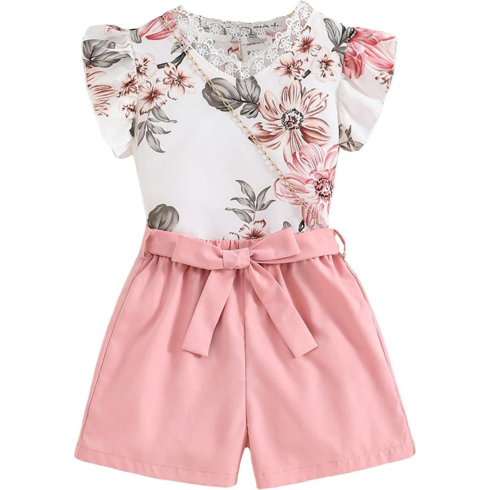 imageFloerns Girls 2 Piece Outfit Ruffle Trim Tee Top with Paperbag Waist Shorts SetWhite Floral Multi