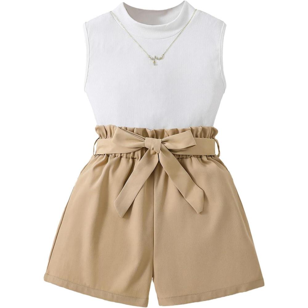 imageFloerns Girls 2 Piece Outfit Ruffle Trim Tee Top with Paperbag Waist Shorts SetWhite and Khaki