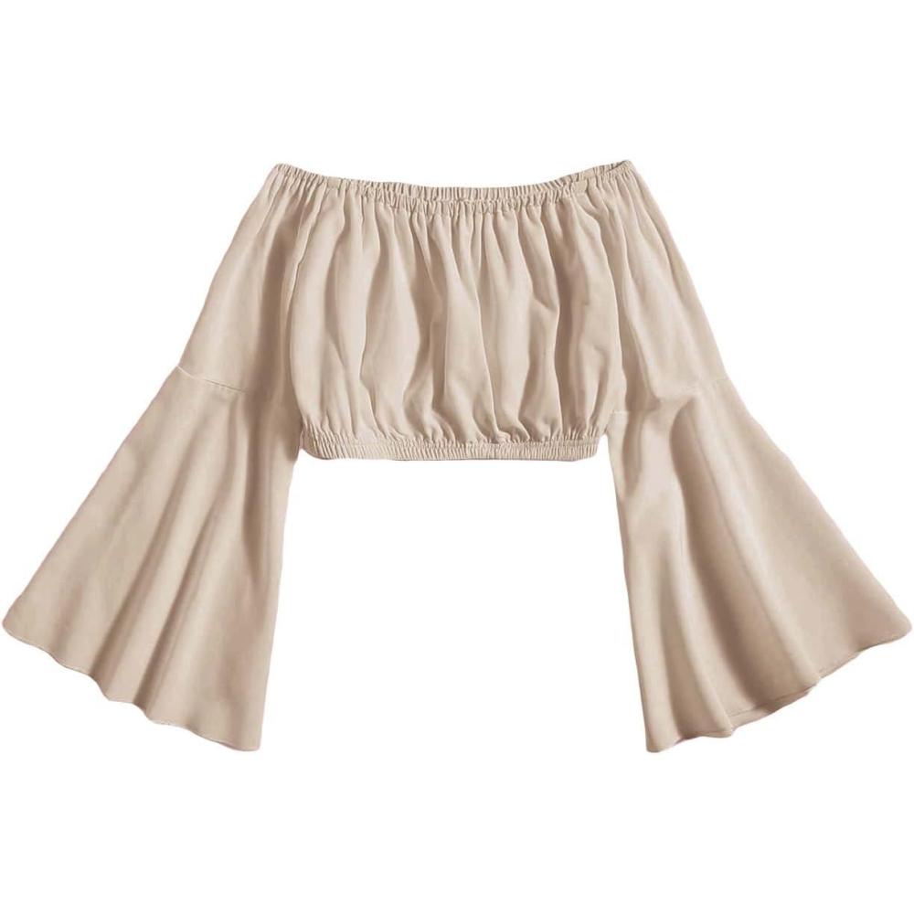 imageFloerns Girls Off The Shoulder Flounce Long Sleeve Ruched Blouse Crop TopsApricot