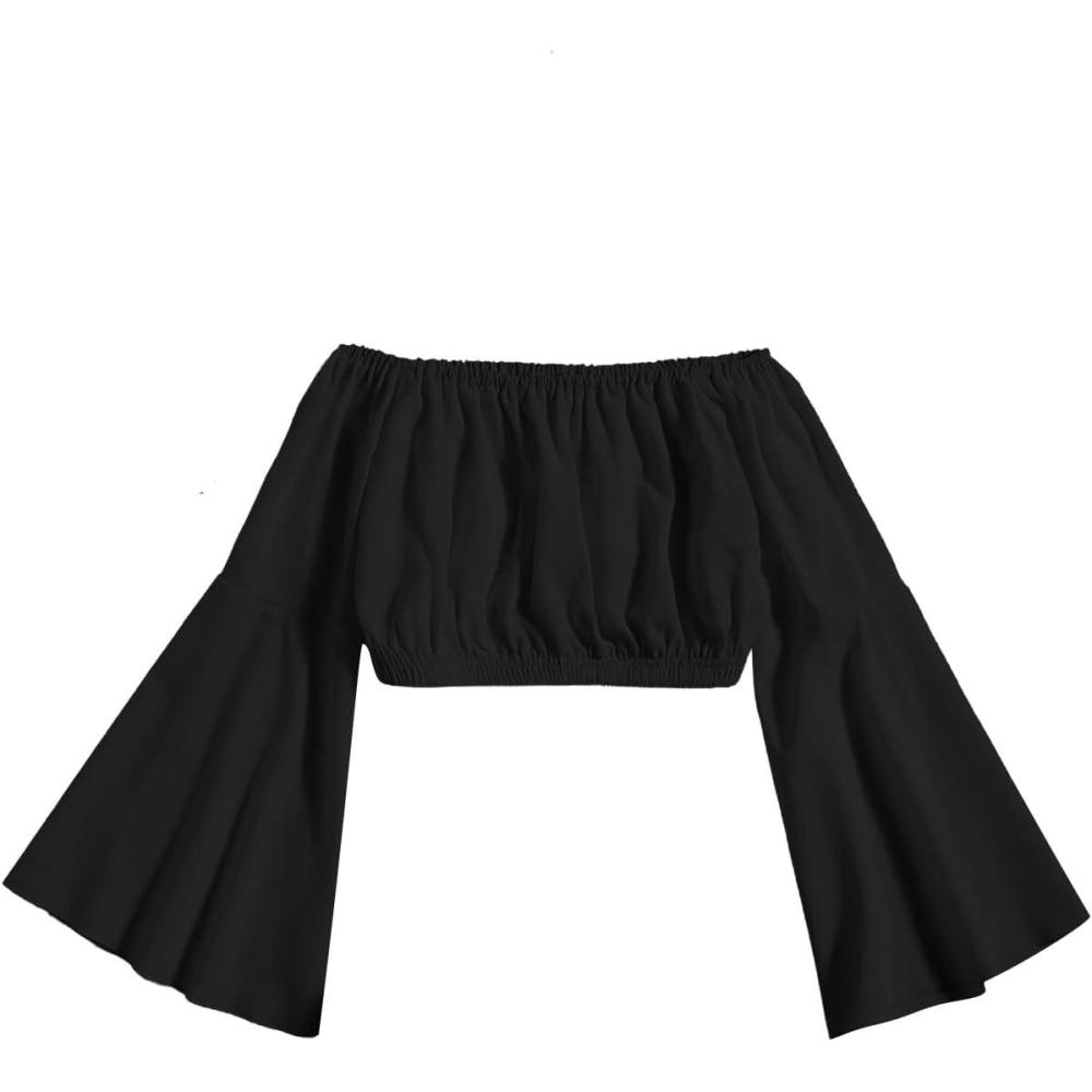 imageFloerns Girls Off The Shoulder Flounce Long Sleeve Ruched Blouse Crop TopsBlack