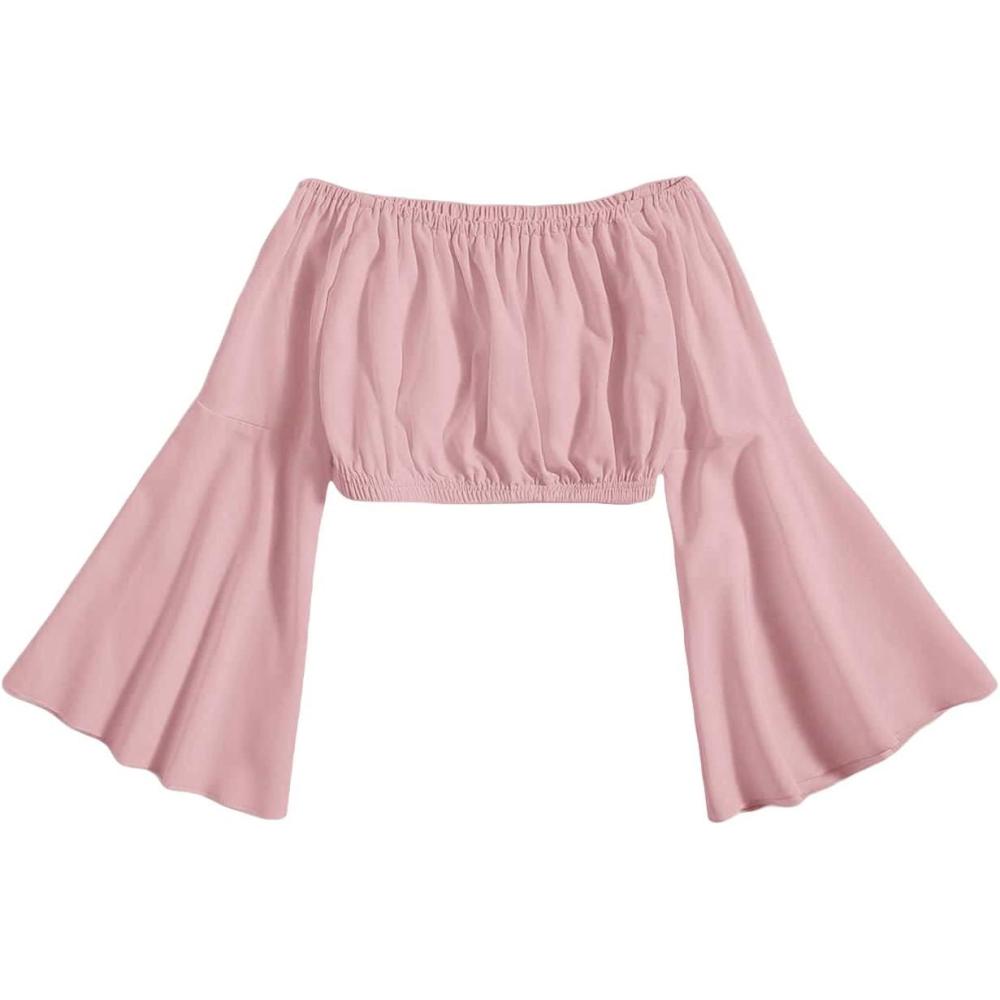 imageFloerns Girls Off The Shoulder Flounce Long Sleeve Ruched Blouse Crop TopsDusty Pink