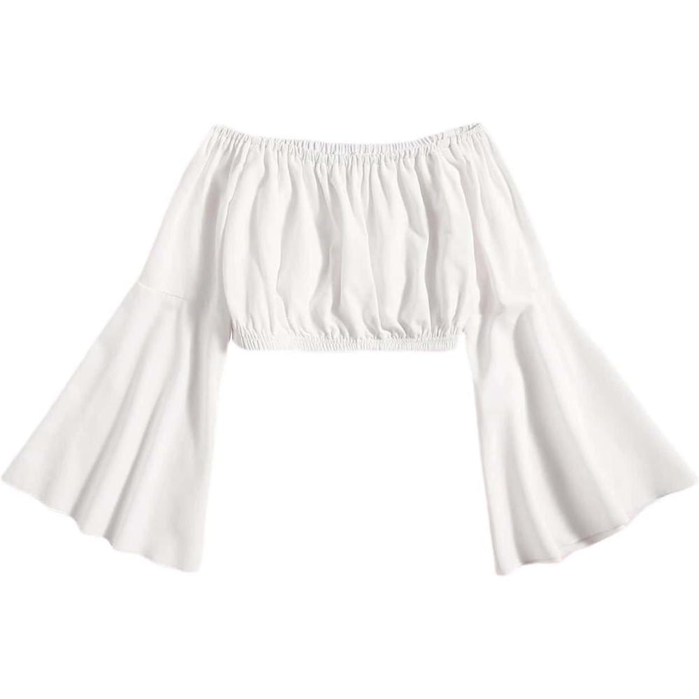 imageFloerns Girls Off The Shoulder Flounce Long Sleeve Ruched Blouse Crop TopsWhite