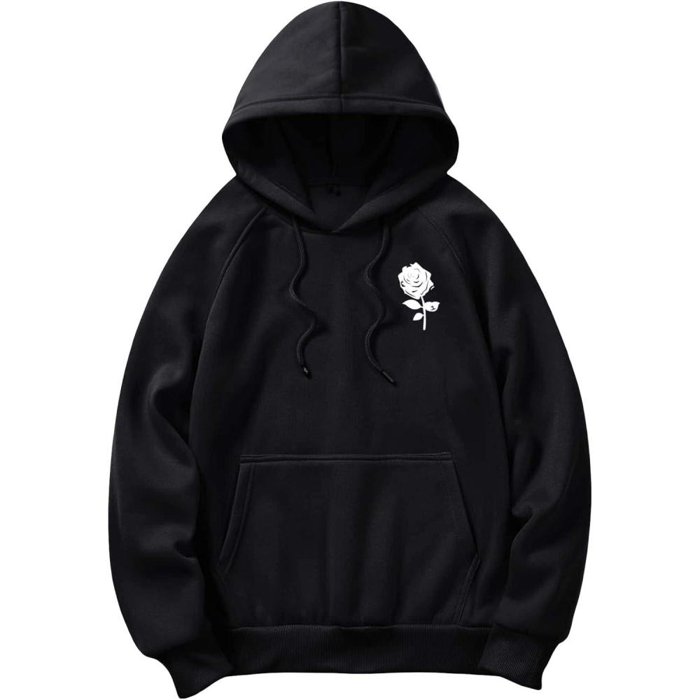 imageFloerns Mens Graphic Print Long Sleeve Drawstring Hoodie Pullover SweatshirtBlack