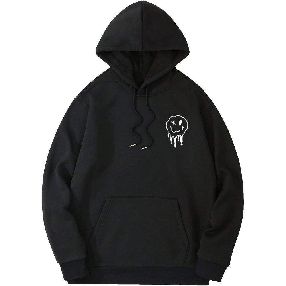 imageFloerns Mens Graphic Print Long Sleeve Drawstring Hoodie Pullover SweatshirtBlack White Cartoon