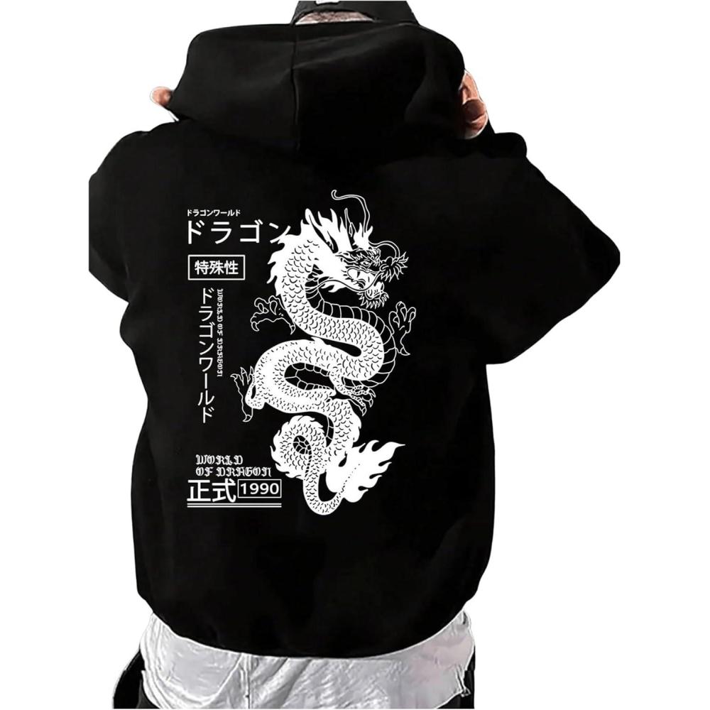 imageFloerns Mens Graphic Print Long Sleeve Drawstring Hoodie Pullover SweatshirtBlack White Dragon