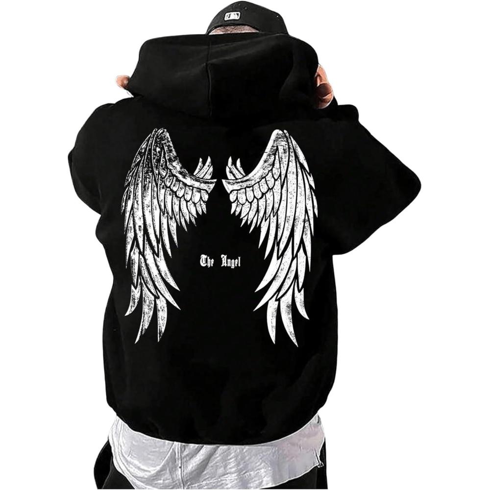 imageFloerns Mens Graphic Print Long Sleeve Drawstring Hoodie Pullover SweatshirtBlack White Wing