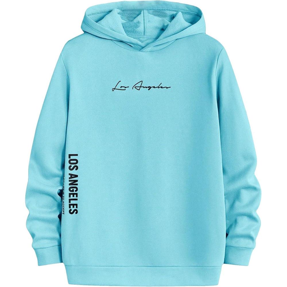 imageFloerns Mens Graphic Print Long Sleeve Drawstring Hoodie Pullover SweatshirtBlue Black Letter