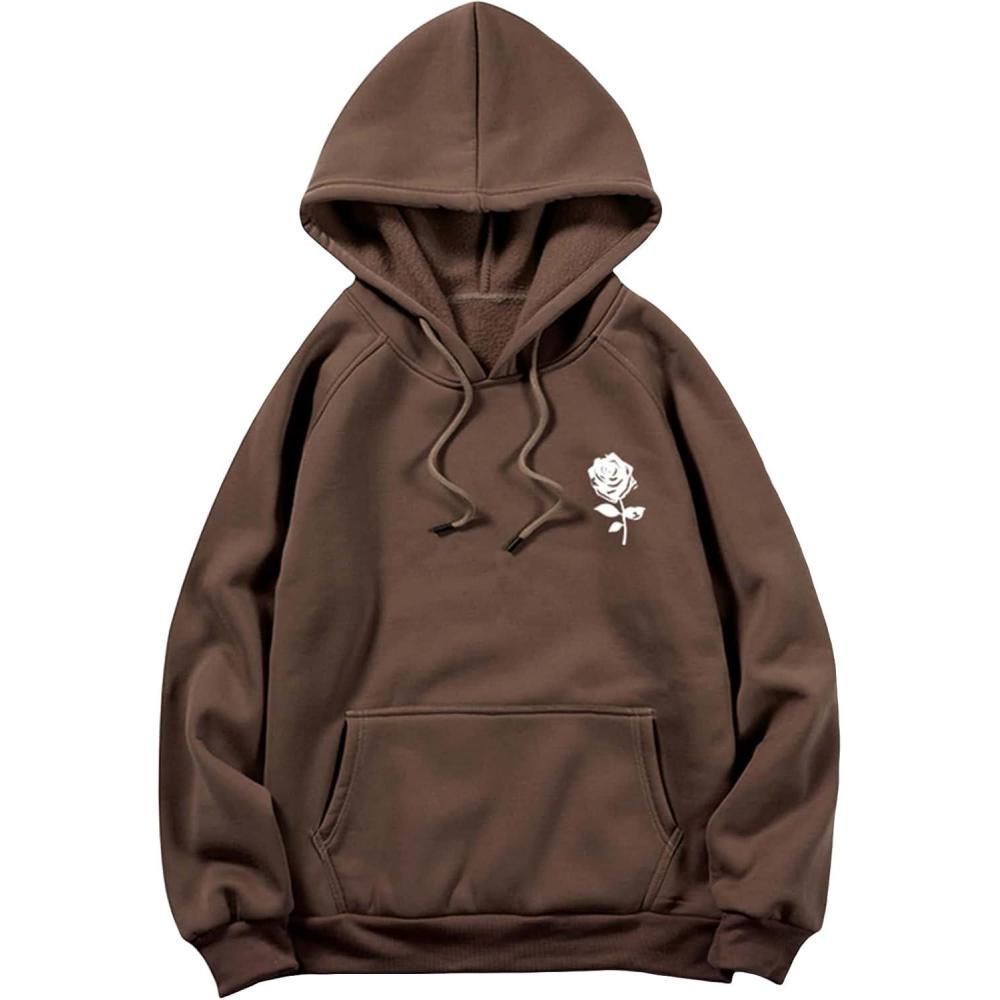 imageFloerns Mens Graphic Print Long Sleeve Drawstring Hoodie Pullover SweatshirtCoffee Brown