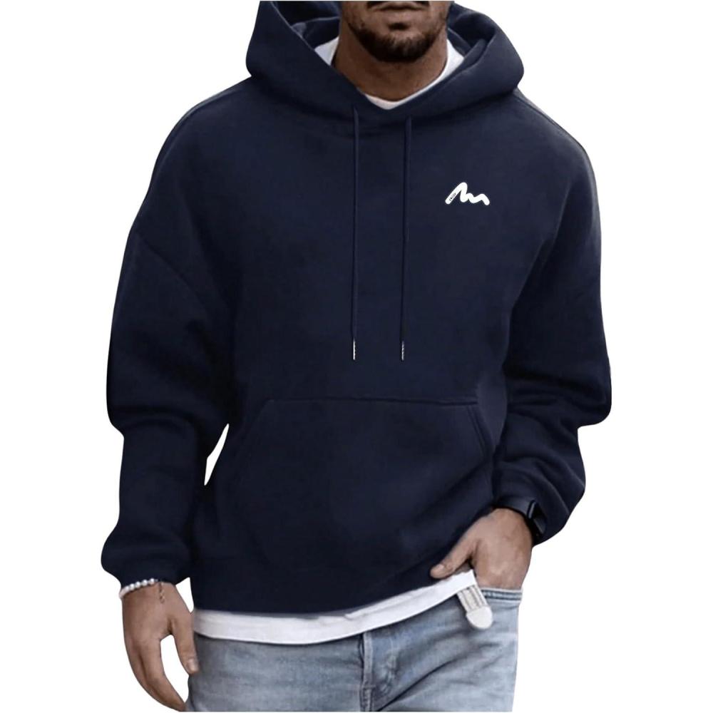 imageFloerns Mens Graphic Print Long Sleeve Drawstring Hoodie Pullover SweatshirtDeep Blue