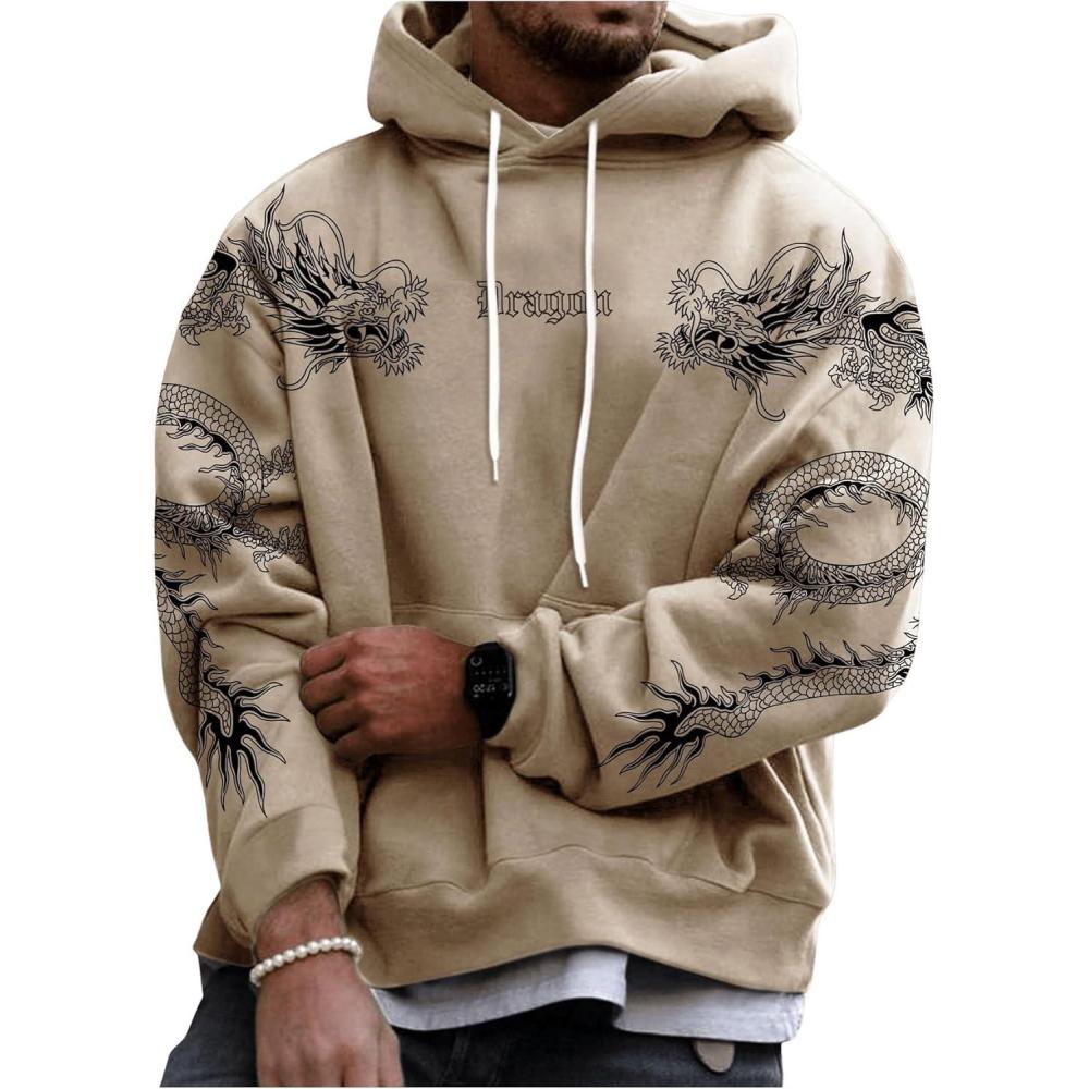 imageFloerns Mens Graphic Print Long Sleeve Drawstring Hoodie Pullover SweatshirtKhaki Dragon