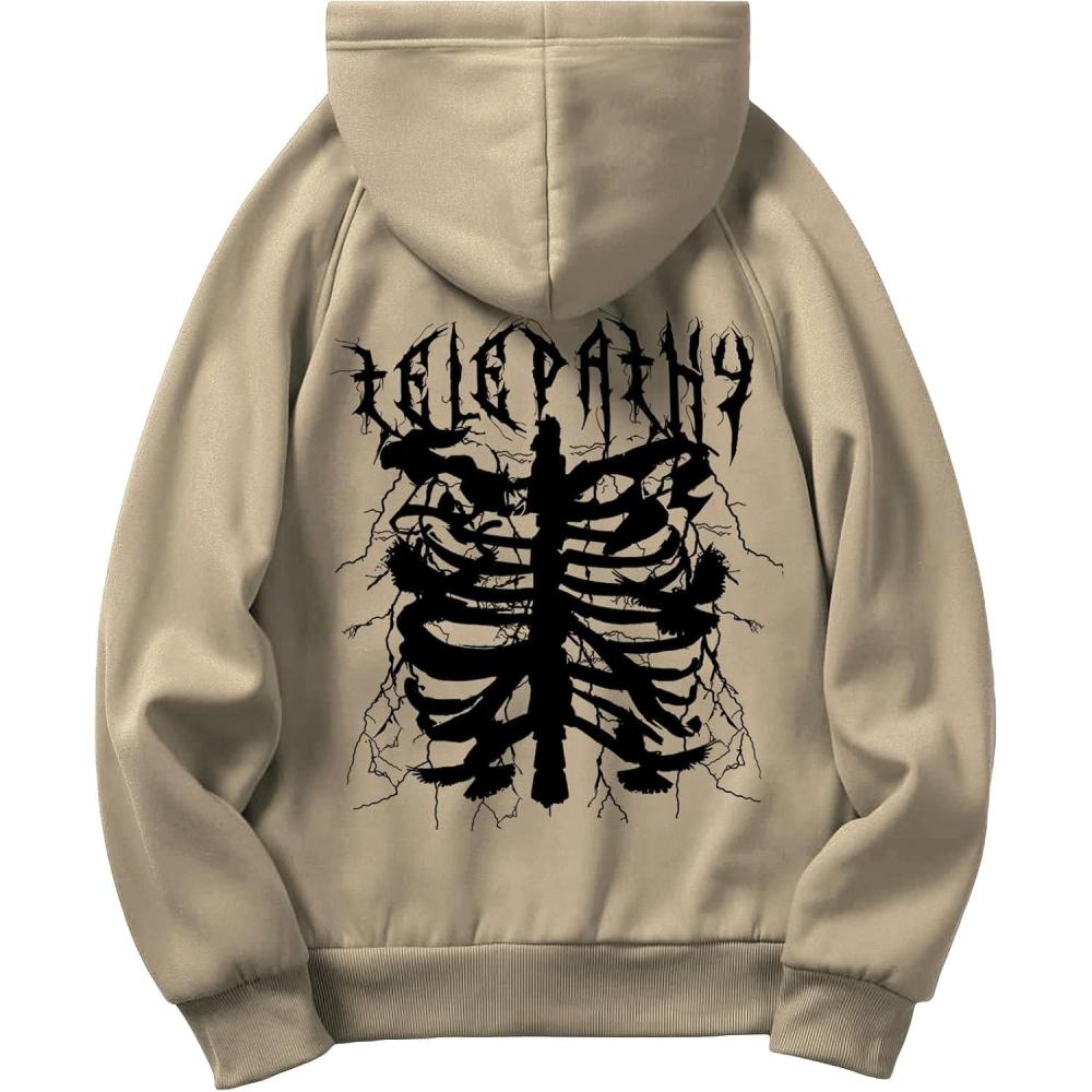 imageFloerns Mens Graphic Print Long Sleeve Drawstring Hoodie Pullover SweatshirtKhaki Letter