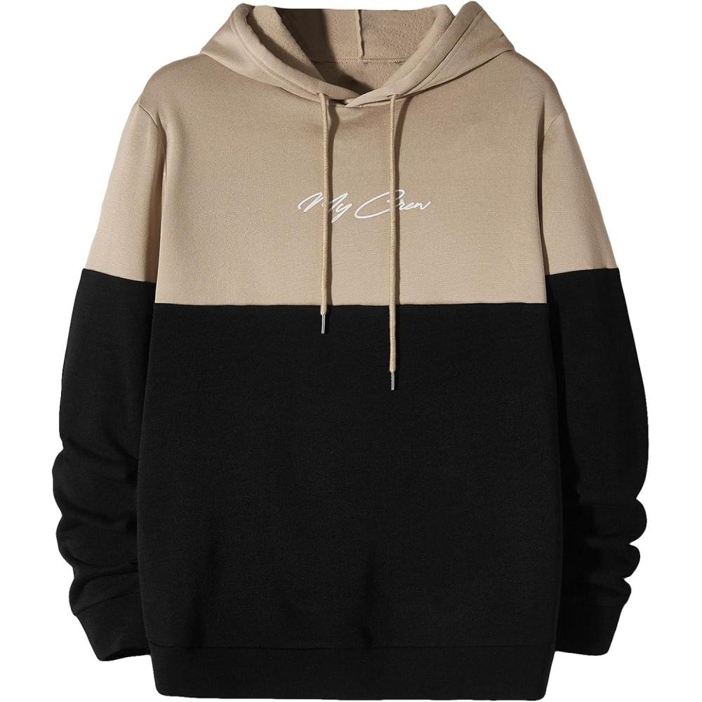 imageFloerns Mens Graphic Print Long Sleeve Drawstring Hoodie Pullover SweatshirtKhaki and Black