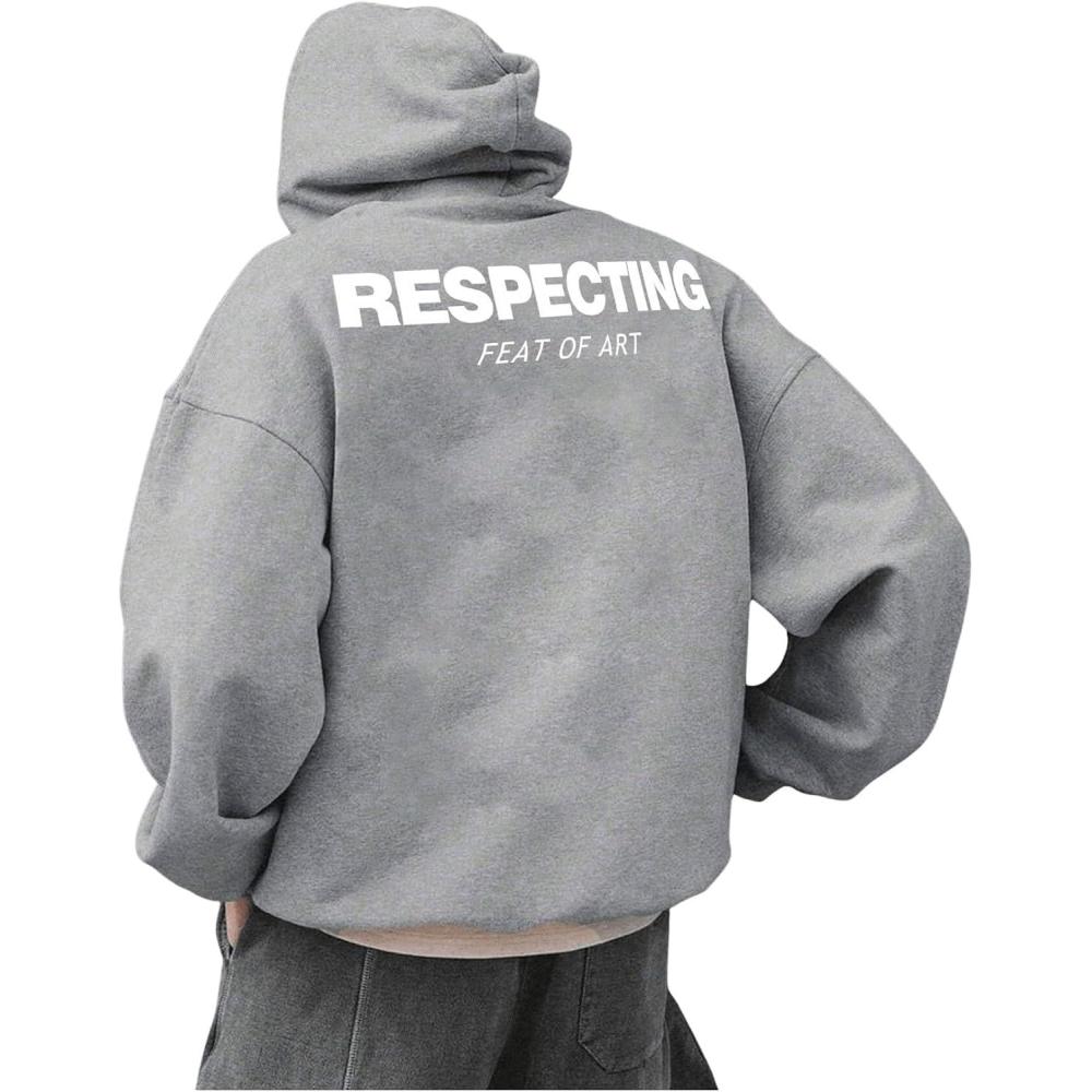 imageFloerns Mens Graphic Print Long Sleeve Drawstring Hoodie Pullover SweatshirtPale Grey