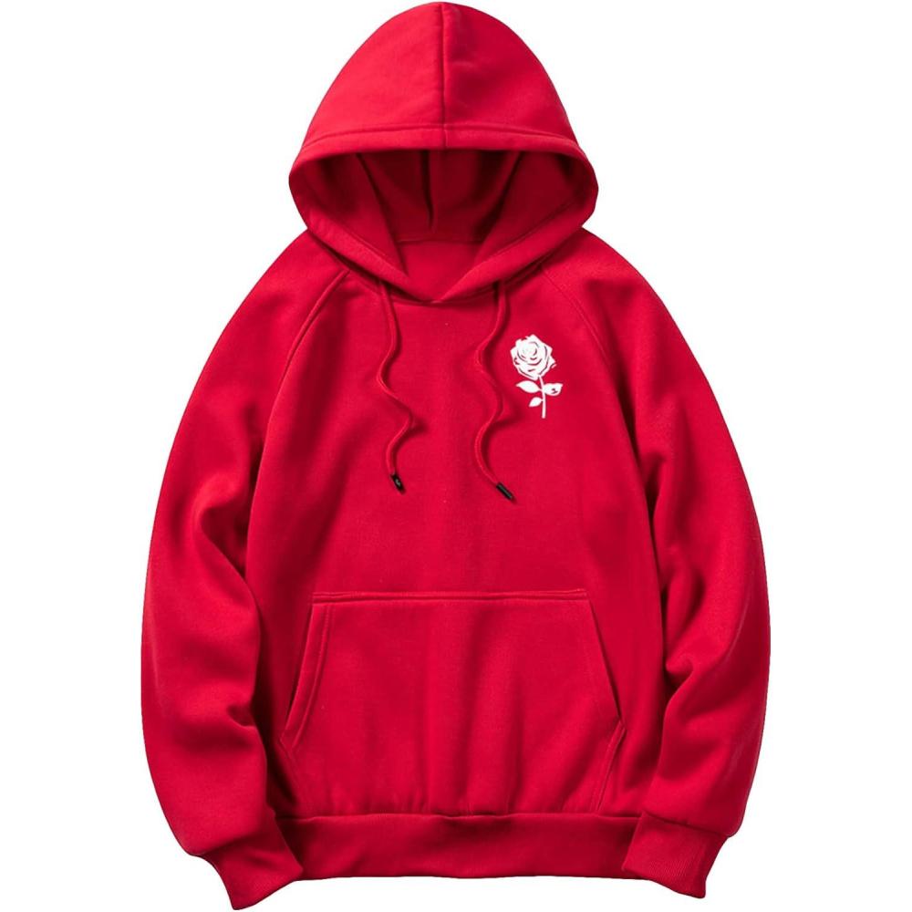 imageFloerns Mens Graphic Print Long Sleeve Drawstring Hoodie Pullover SweatshirtRed