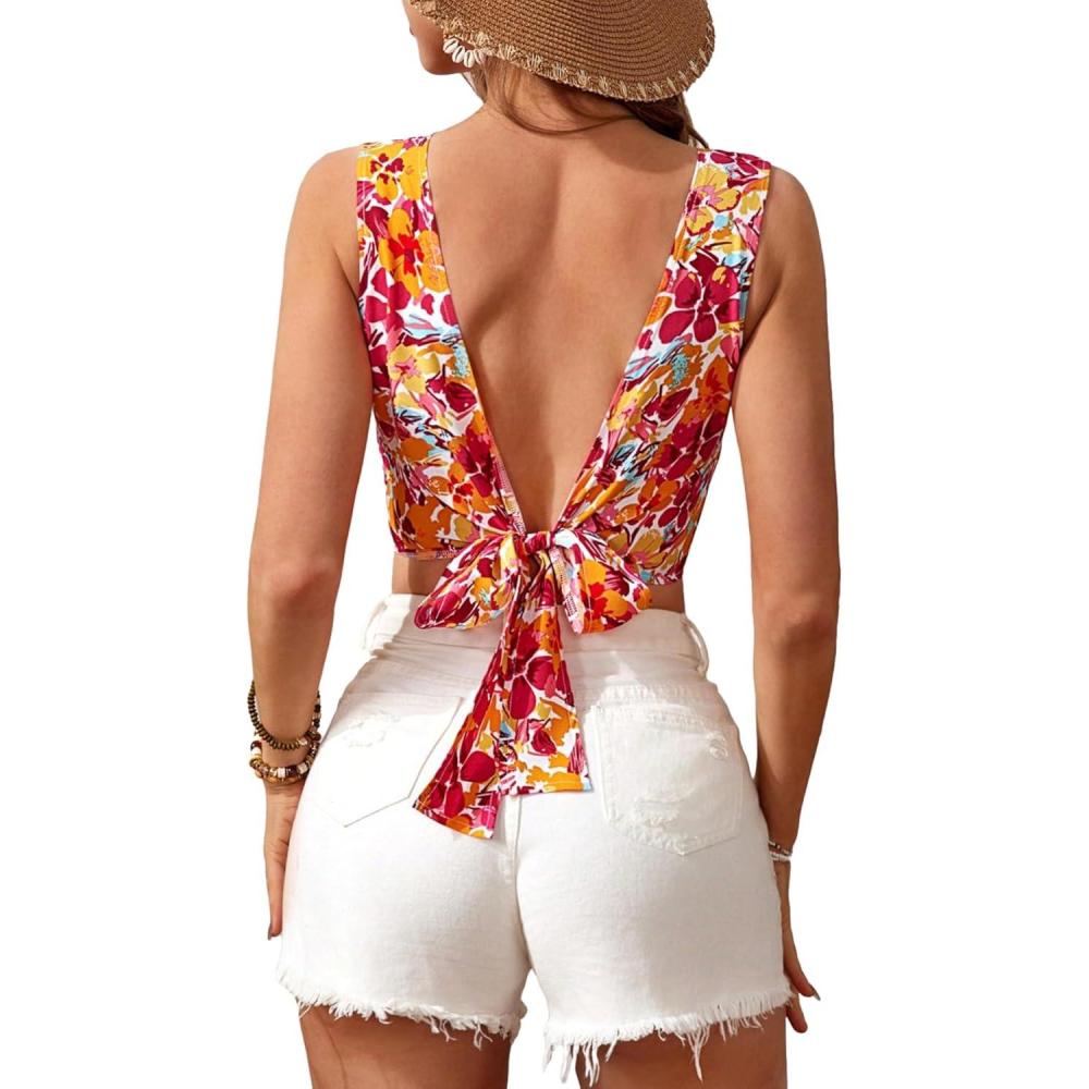 imageFloerns Womens Boho Sleeveless Backless Tie Back Allover Print Crop Tank TopsRed Floral