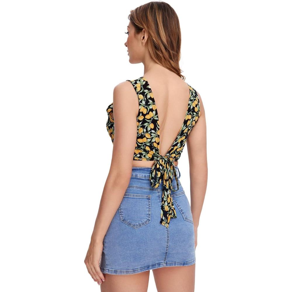 imageFloerns Womens Boho Sleeveless Backless Tie Back Allover Print Crop Tank TopsYellow Fruit