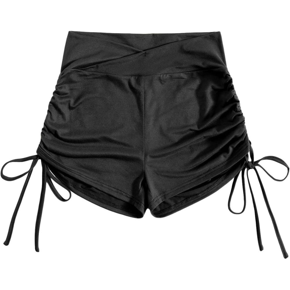 imageFloerns Womens Casual Elastic Waist Sports Shorts Drawstring Ruched Track ShortsBlack