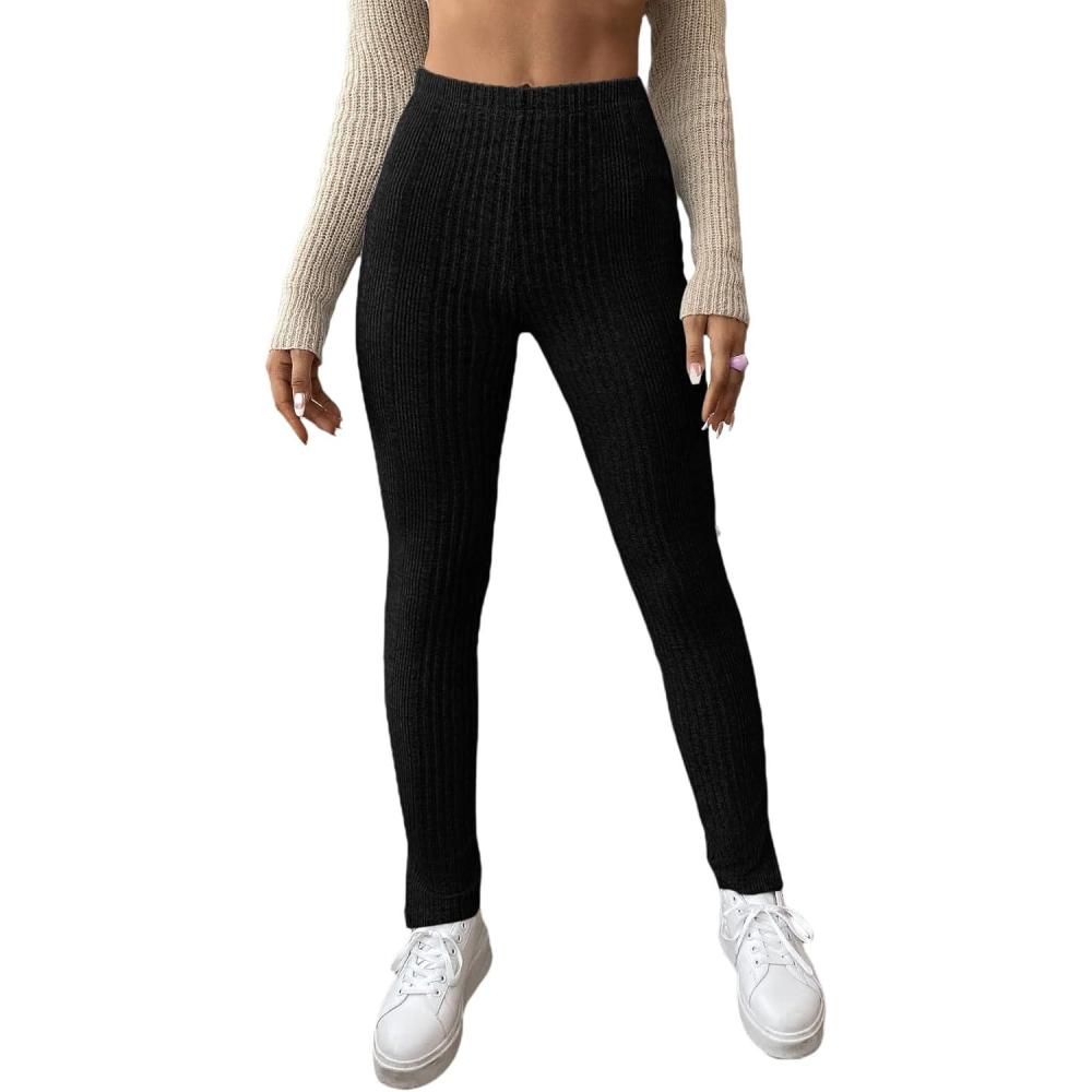 imageFloerns Womens High Waist Split Slit Hem Stretchy Rib Knit Leggings PantsBlack