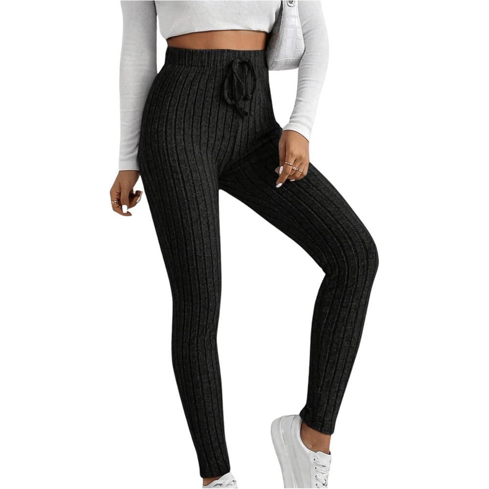 imageFloerns Womens High Waist Split Slit Hem Stretchy Rib Knit Leggings PantsBlack Plain