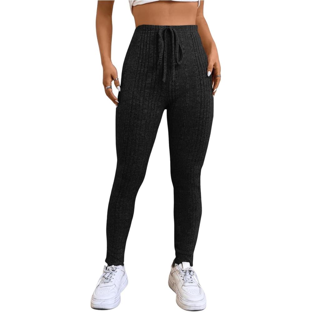 imageFloerns Womens High Waist Split Slit Hem Stretchy Rib Knit Leggings PantsBlack Solid