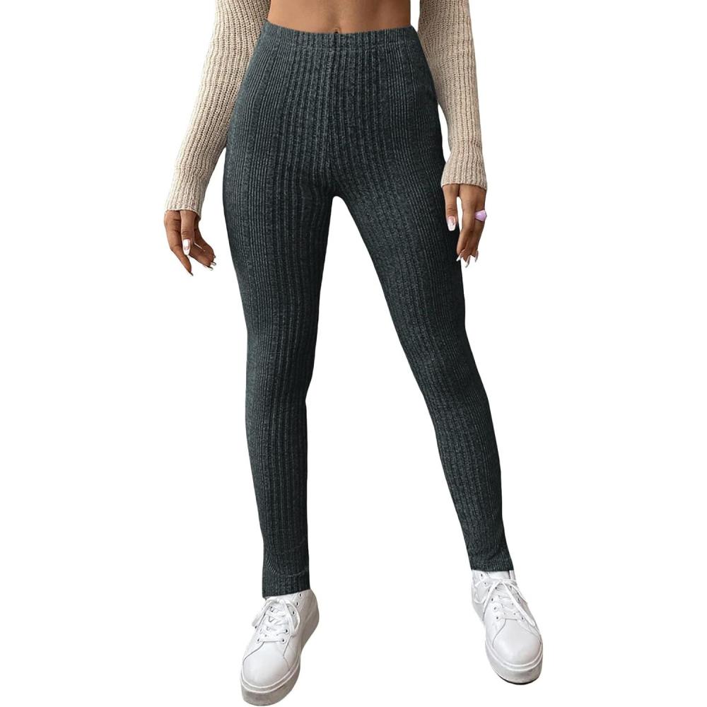 imageFloerns Womens High Waist Split Slit Hem Stretchy Rib Knit Leggings PantsDark Grey
