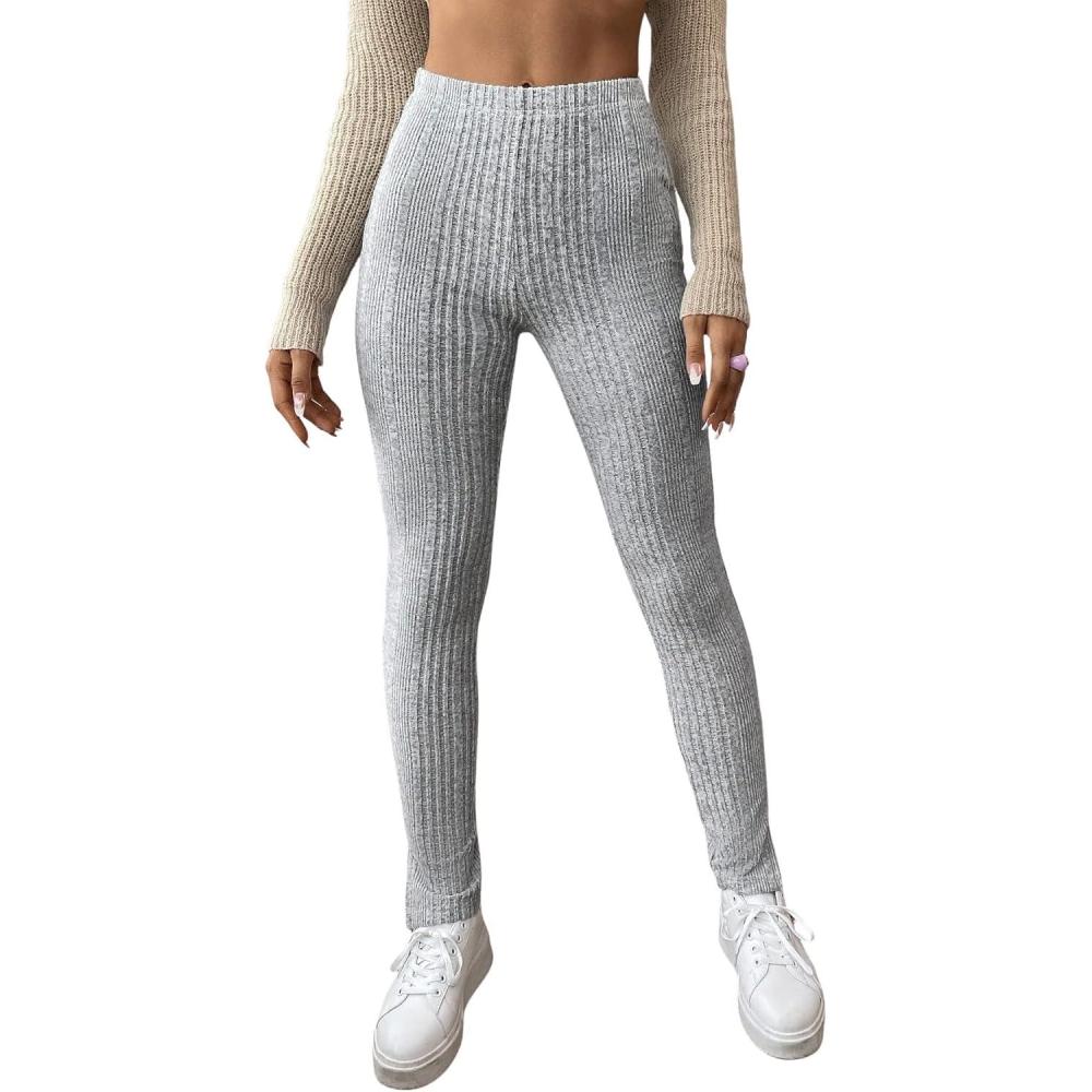 imageFloerns Womens High Waist Split Slit Hem Stretchy Rib Knit Leggings PantsLight Grey