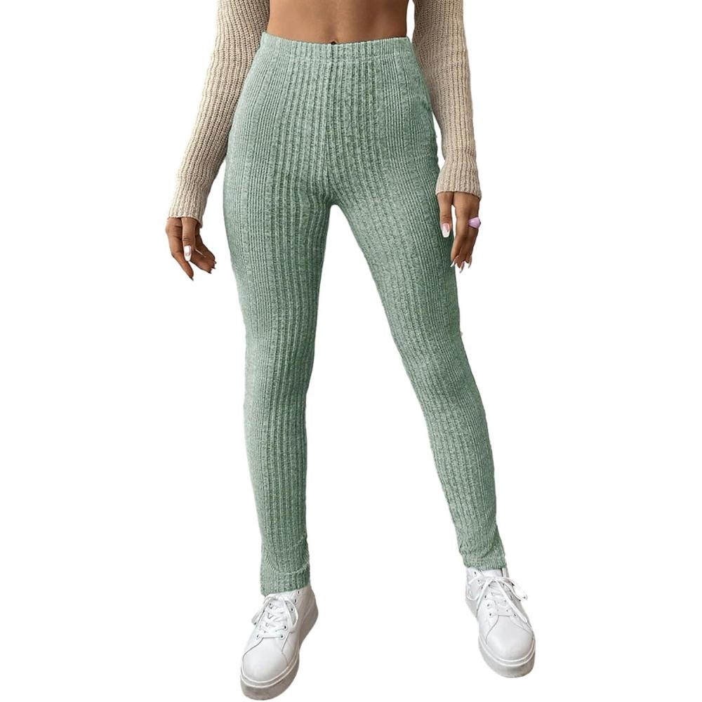 imageFloerns Womens High Waist Split Slit Hem Stretchy Rib Knit Leggings PantsMint Green