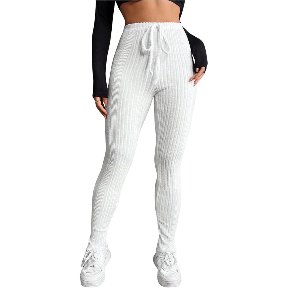 imageFloerns Womens High Waist Split Slit Hem Stretchy Rib Knit Leggings PantsWhite