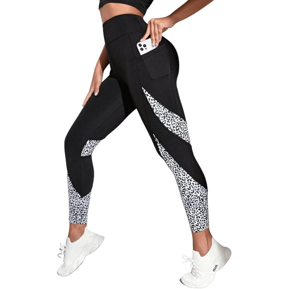 imageFloerns Womens Leopard Mesh High Waisted Tummy Control Squat Leggings with PocketBlack Leopard