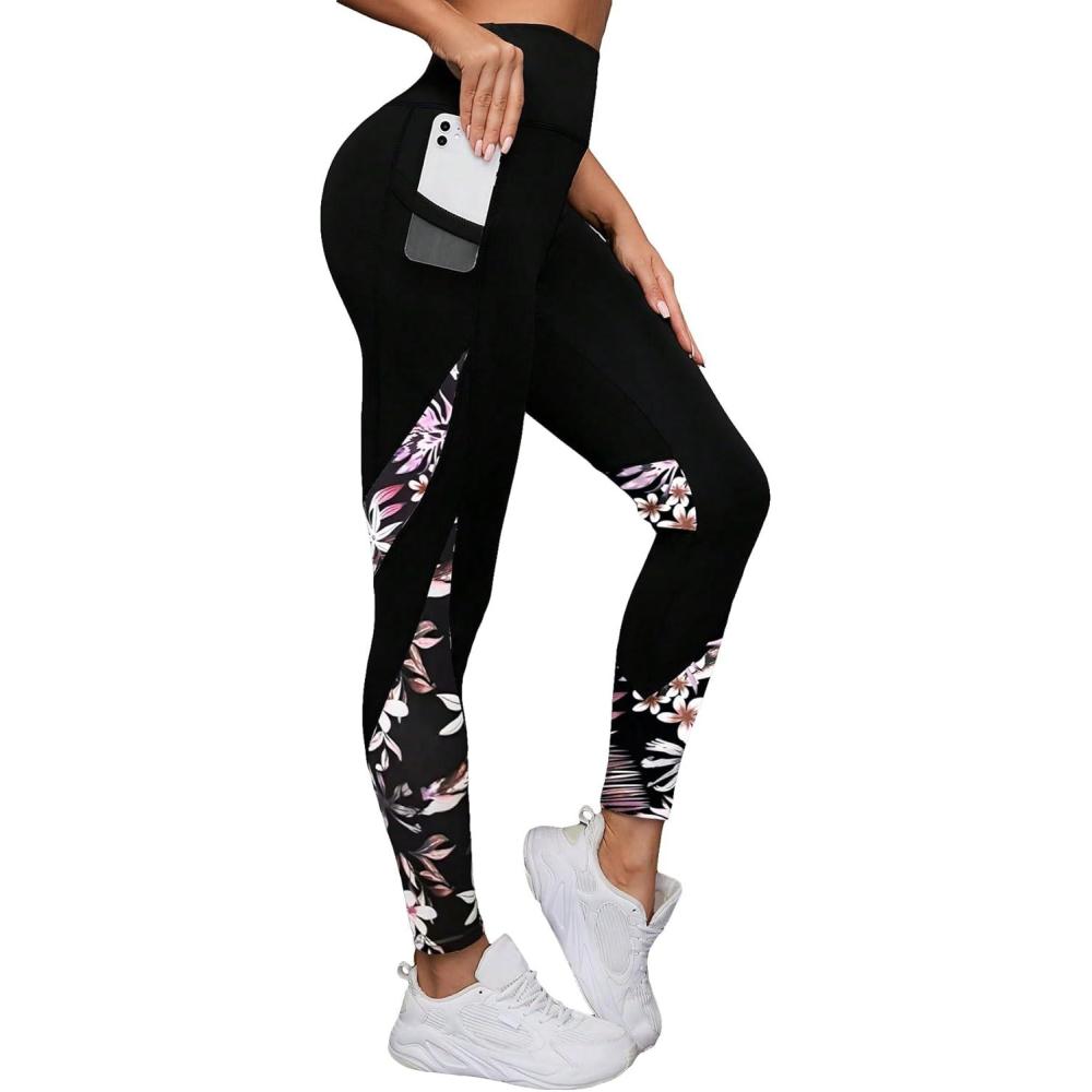 imageFloerns Womens Leopard Mesh High Waisted Tummy Control Squat Leggings with PocketBlack Pink Floral