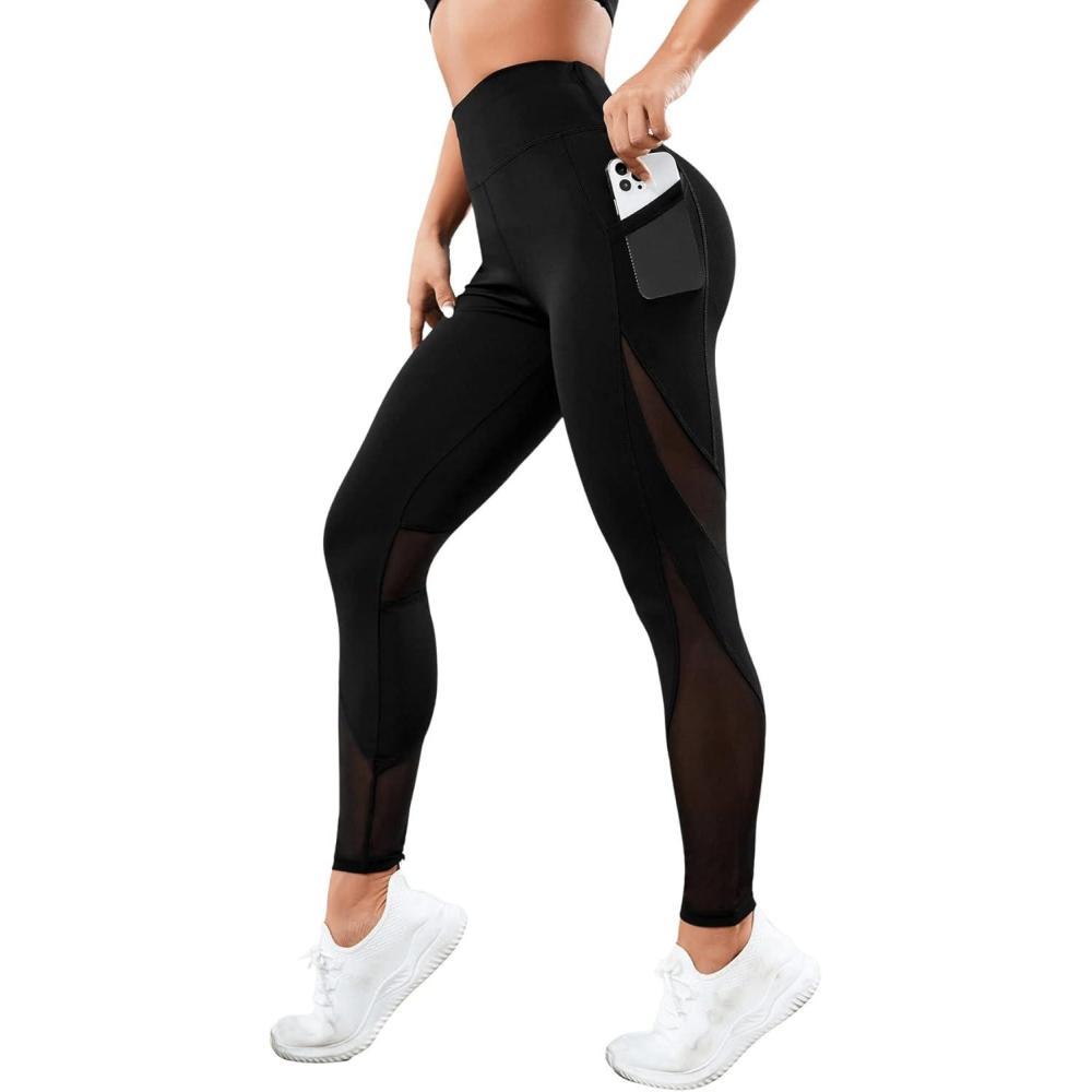 imageFloerns Womens Leopard Mesh High Waisted Tummy Control Squat Leggings with PocketBlack Solid