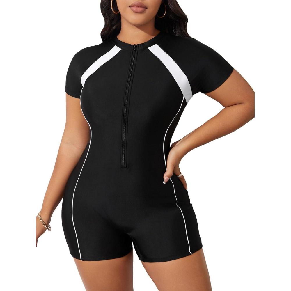 imageFloerns Womens Plus Size Colorblock Full Zip Short Sleeve One Piece SwimsuitBlack