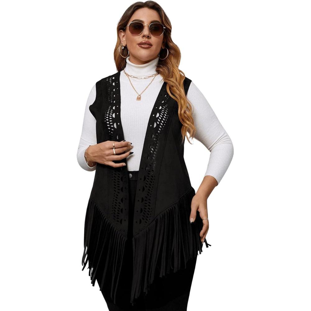 imageFloerns Womens Plus Size Laser Cut Out Sleeveless Open Front Fringe Vest CoatBlack
