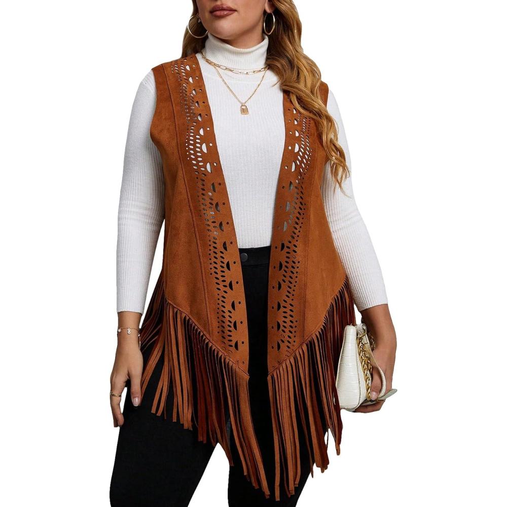imageFloerns Womens Plus Size Laser Cut Out Sleeveless Open Front Fringe Vest CoatBrown