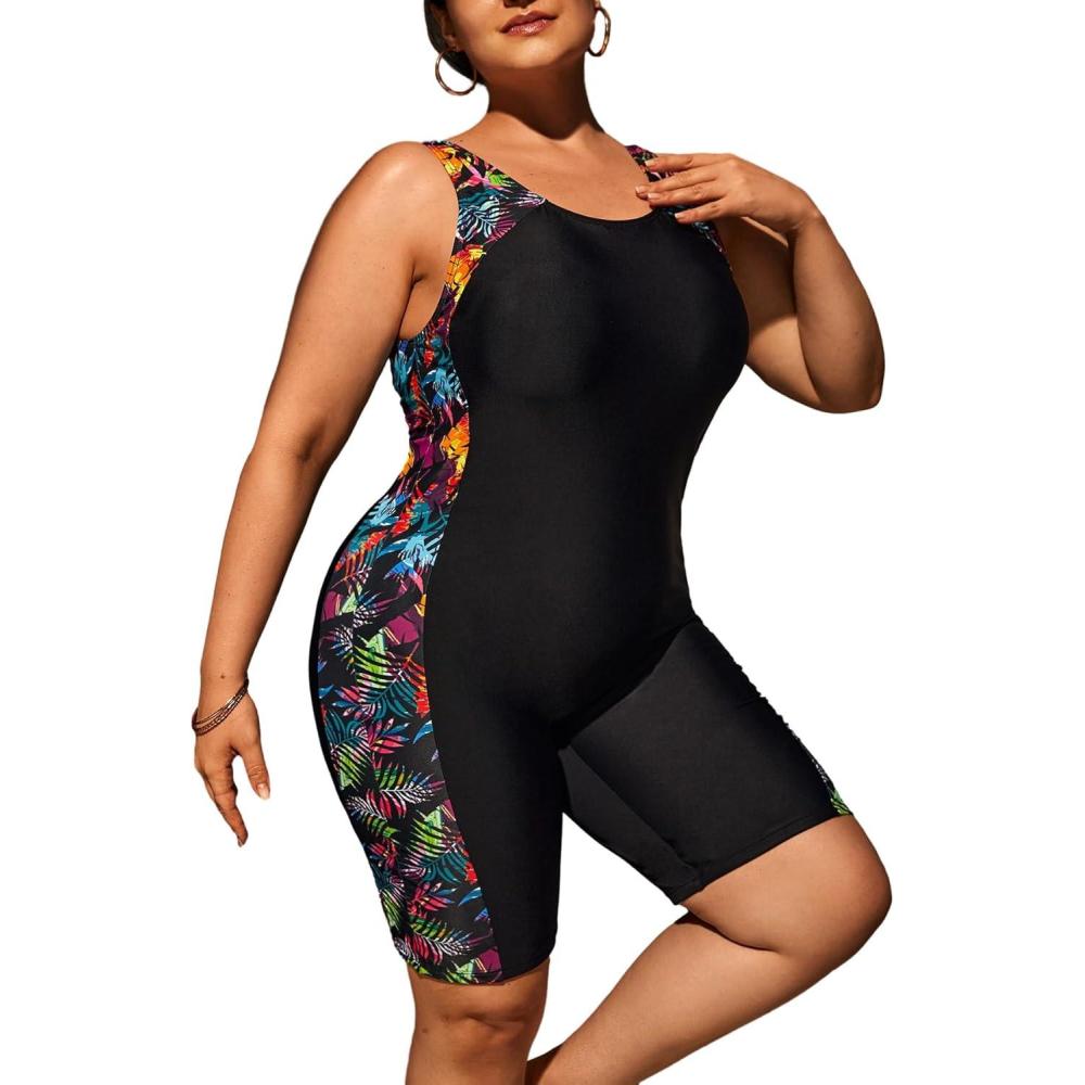 imageFloerns Womens Plus Size One Piece Swimsuit Colorblock Scoop Neck Shorts MonokiniBlack Tropical