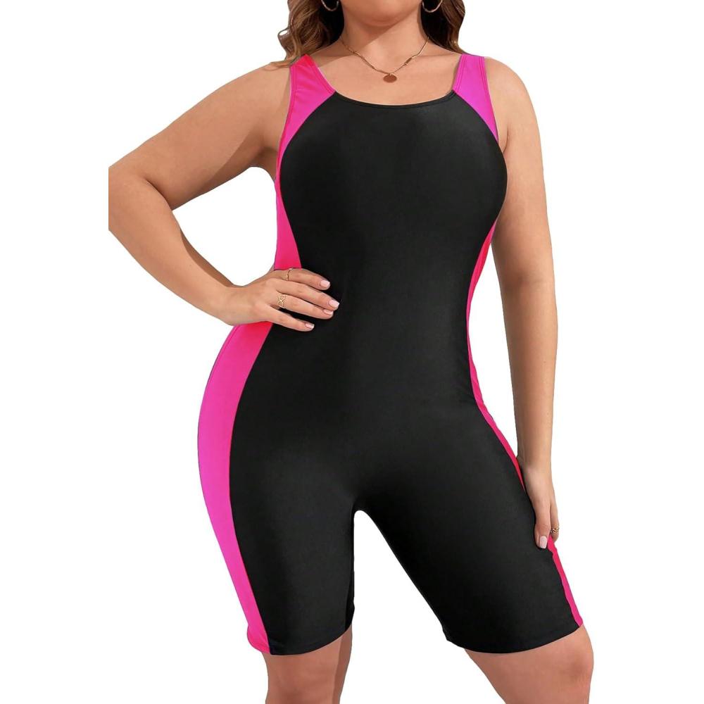 imageFloerns Womens Plus Size One Piece Swimsuit Colorblock Scoop Neck Shorts MonokiniBlack and Pink