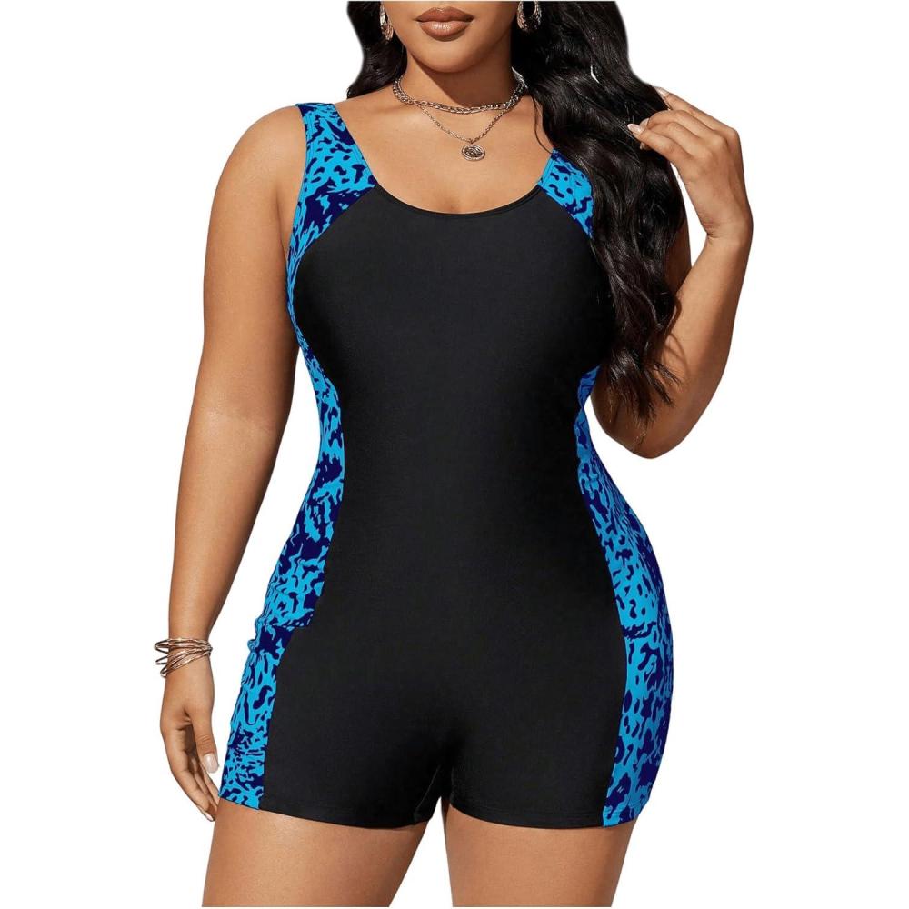 imageFloerns Womens Plus Size One Piece Swimsuit Colorblock Scoop Neck Shorts MonokiniBlue Cheetah