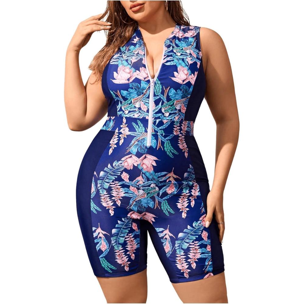 imageFloerns Womens Plus Size One Piece Swimsuit Colorblock Scoop Neck Shorts MonokiniDeep Blue Tropical