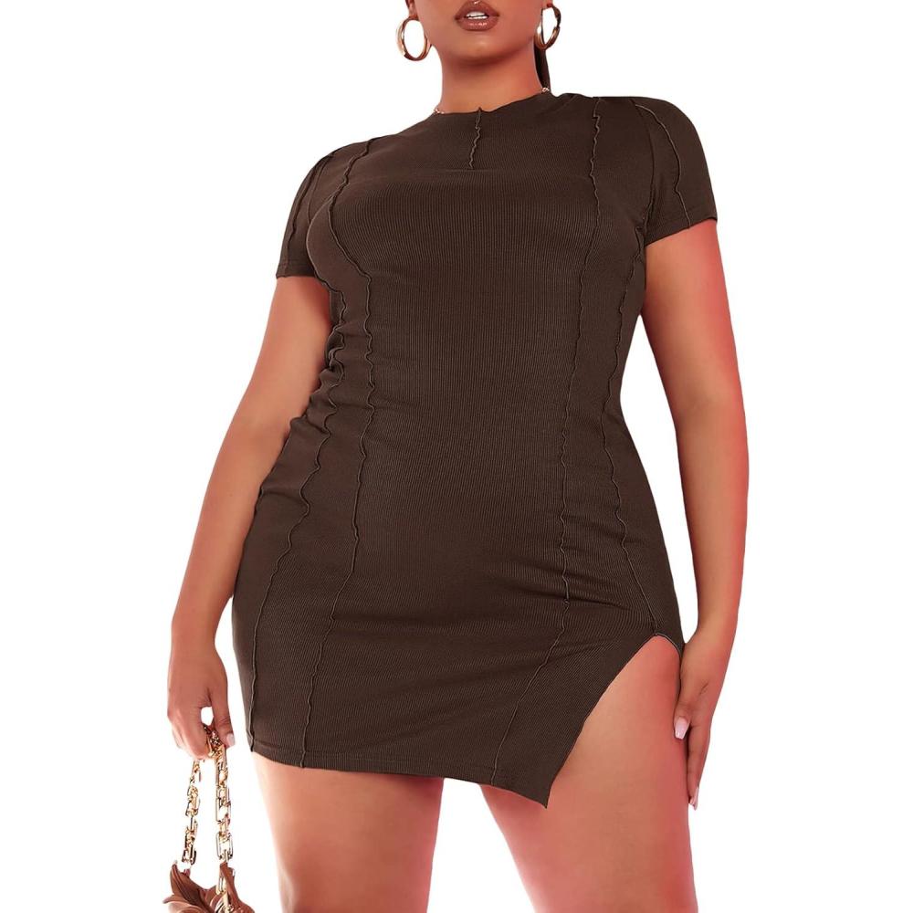 imageFloerns Womens Plus Size Short Sleeve Split Hem Party Bodycon Mini DressCoffee Brown