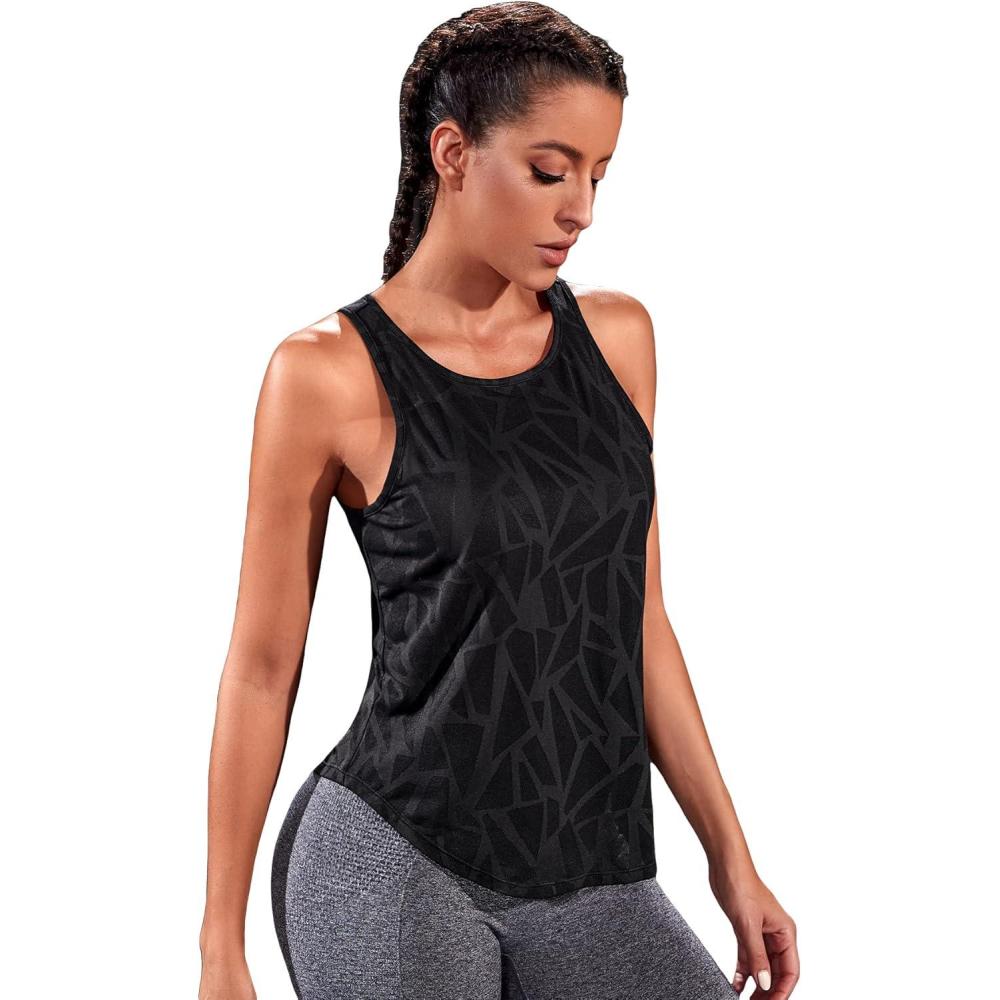 imageFloerns Womens Workout Tops Geo Print Sleeveless Athletic Running Tank TopsBlack