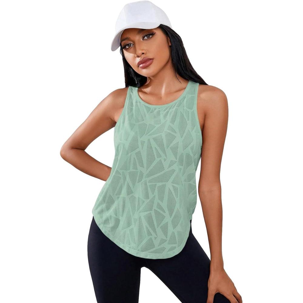 imageFloerns Womens Workout Tops Geo Print Sleeveless Athletic Running Tank TopsGreen