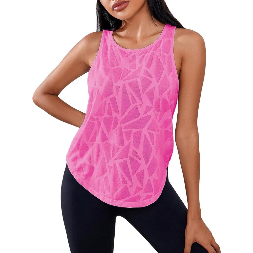 imageFloerns Womens Workout Tops Geo Print Sleeveless Athletic Running Tank TopsHot Pink