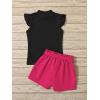 imageFloerns Girls 2 Piece Outfit Ruffle Trim Tee Top with Paperbag Waist Shorts SetBlack Rose Red
