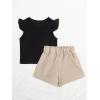 imageFloerns Girls 2 Piece Outfit Ruffle Trim Tee Top with Paperbag Waist Shorts SetBlack and Beige