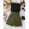 imageFloerns Girls 2 Piece Outfit Ruffle Trim Tee Top with Paperbag Waist Shorts SetGreen and Black